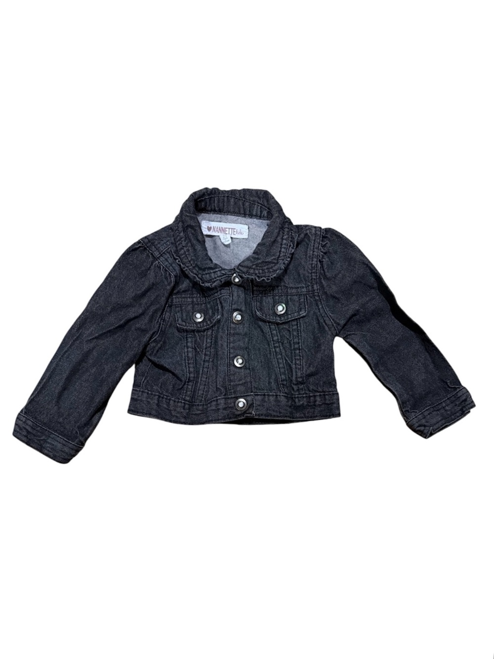 Nanette Baby Girls Black Denim Jacket 2T Ruffle Collar Snap Front 100% Cotton